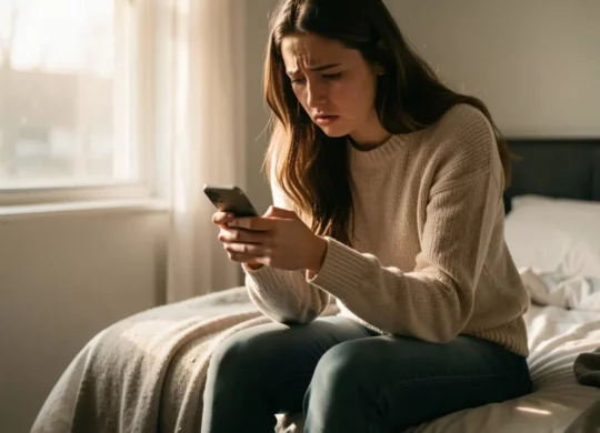 Persona con ansiedad esperando mensaje de pareja – apego ansioso